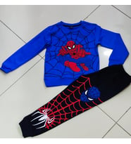 örümcekadam baskılı  %100 pamuklu çocuk pijama takımı (Mavi)