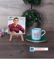 Almanca Öğretmeni Fotoğraflı Dekoratif Taş, Ahşap Altlıklı Türk Kahvesi Fincanı Hediye (Model 9)