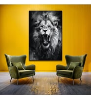Metal Çerçeveli Temperli Cam Tablo Kükreyen Aslan Siyah Beyaz (Siyah)