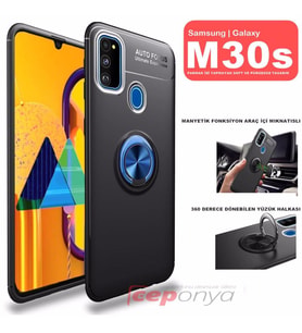 Galaxy M30S Yüzüklü Standlı Manyetikli Kamera Korumalı Kılıf (Siyah-Mavi)
