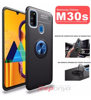 Galaxy M30S Yüzüklü Standlı Manyetikli Kamera Korumalı Kılıf (Siyah-Mavi)