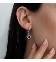 925 Ayar Gümüş Pırlanta Modeli Taşlı Kare Küpe, Kadın Küpe (Lacivert)