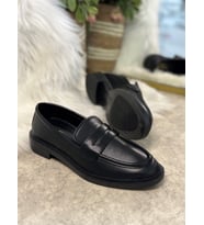 Günlük Kadın Düz Loafer Klasik  Zincirli Oval Burun Makosen Ayakkabı 130 (Siyah Cilt)