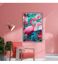 Metal Çerçeveli Cam Tablo Çiçekli Pembe Flamingo (Gümüş)
