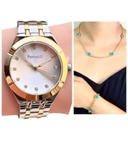 Ferrucci 1. Sınıf Çelik Şık Kadın Kol Saat+Nazarlıklı Hediye Set (Gümüş - Altın)
