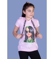 Toontoy Kız Çocuk Billie Eilish Baskılı Kapüşonlu Tişört (Pembe)