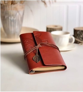 Mobgift Yaprak Tasarımlı Retro Deri Defter + Kalem Hediyeli (Açık Kahverengi)