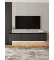 Neon LED Işıklı Duvara Monte, 3 Kapaklı TV Sehpası – 160 cm - Modern Tasarım, Antrasit
