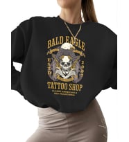 Bej Sweatshirt bisiklet yaka kalın kadın 3 iplik şardonlu unisex Sweatshirt Kel kartal dövme (Siyah)