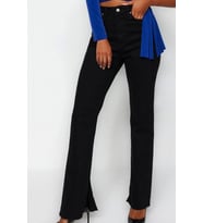 Stil Kadın Moda Denim Kot Pantolon Regular Boru Paça Yırtmaçlı Yüksek Bel Jeans (Siyah)