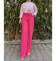 Betimoda Kadın Beli Lastikli Bol Paça Oversize Bürümcük Kumaş Uzun Pantolon BM.Kdn  (Pembe)