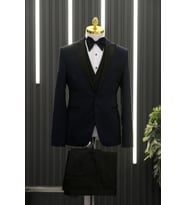 Slimfit (Skinny Kesim) Desenli Sivri Sabit Yaka Yelekli Papyonlu Smokin Takım Elbise (Lacivert)