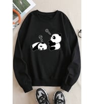 Unisex Uykucu Panda Baskılı Bisiklet Yaka Sweatshirt (Siyah)