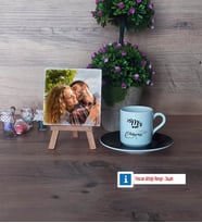 Eşe Hediye Mr Fotoğraflı Dekoratif Taş, Ahşap Altlıklı Türk Kahvesi Fincanı Hediye Yıl Dönümü Hediyesi (Model 7)