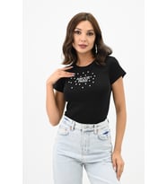 Kadın Taş İşlemeli Nakış Detaylı T-shirt 1774-25 (Siyah)