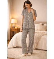 Nisanca Vizon Leopar Desenli Kısa Kollu Yazlık Pijama Takımı