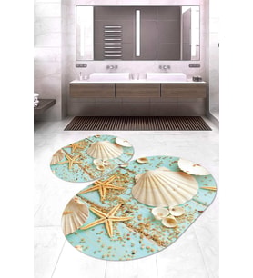 Dijital Baskılı Kaymaz Taban Yıkanabilir Oval 2'li Klozet Takımı Banyo Paspası NOKZ-HY-805 (Mavi)