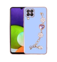 Samsung Galaxy M22 Kılıf El Askılı Tutamaçlı Kamera Korumalı Renkli Gold Kenar Silikon Kapak (Mor)