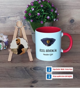 Özel Güvenlik Görevlisi Kupa Bardak Beyaz ve Fotoğraflı Ahşap Anahtarlık Hediye (Model 2)