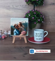 Babaya Hediye Fotoğraflı Dekoratif Taş, Ahşap Altlıklı Türk Kahvesi Fincanı Hediye (Model 3)