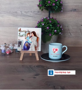 Anneler Günü Hediyesi Fotoğraflı Dekoratif Taş, Ahşap Altlıklı Türk Kahvesi Fincanı Hediye (Model 7)