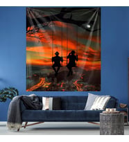Günbatımı Salıncaktaki Çift Tablo Leke Tutmaz Kadife Dokulu Kumaş Duvar Örtüsü Duvar Halısı Tapestry (Turuncu)