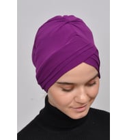 Üç Bantlı Çapraz Dış Tesettür Bonesi Hazır Türban (Mor)