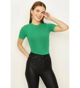 Kadın Kısa Kollu Kaşkorse Alttan Çıtçıtlı Body (Yeşil)