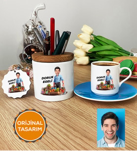 Kişiye Özel Karikatürlü Diyetisyen Hediye Seti Türk Kahvesi Fincanı, Kalemlik, Anahtarlık Diyetisyenler Günü Hediyesi Erkek Diyetisyene Hediye (Mavi)