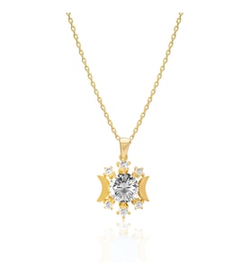 925 Ayar Gümüş Beyaz Taşlı Güneş Ay ve Yıldız Tasarım Kolye (Gold)