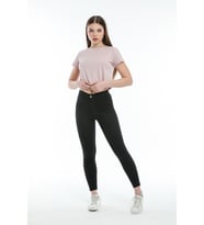 Süperlife Kadın Bisiklet Yaka Crop Örme Slim Fit Tişort SPR21Y13 (Pudra)