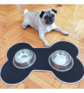 Köpek Evcil Hayvan Mama Paspası / Hasır Kedi Köpek Kemik Şekli Mama Altlığı (Siyah)