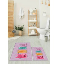 EVDEYA Baskılı Yıkanabilir Renkli Kediler Desenli İkili Banyo Halısı Klozet Takımı, KLOZET-41-GRİ, (Pembe)