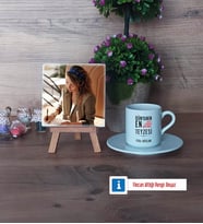 Teyzeye Hediye Fotoğraflı Dekoratif Taş, Ahşap Altlıklı Türk Kahvesi Fincanı Hediye (Model 2)