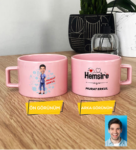 Kişiye Özel Karikatürlü Hemşire Hediye Pastel Fincan Erkek Hemşireye Tıp Bayramı Hediyesi (Pembe)
