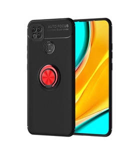 Xiaomi Redmi 9C Kılıf Yüzüklü Magnetli Ravel Case (Siyah-Kırmızı)
