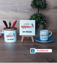 Kütüphaneci Hediye Seti Dekoratif Taş, Kalemlik, Ahşap Altlıklı Türk Kahvesi Fincanı Hediye (Model 5)
