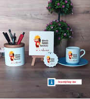 Mühendisler Günü Hediyesi Hediye Seti Dekoratif Taş, Kalemlik, Ahşap Altlıklı Türk Kahvesi Fincanı, Ahşap Anahtarlık Hediye (Model 5)
