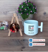 Halaya Hediye Kupa Bardak Beyaz ve Fotoğraflı Ahşap Anahtarlık Hediye (Model 12)