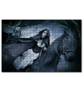 Cakapuzzle Siyah Atlı Gotik Kız ve Baykuş  Puzzle Yapboz MDF (Ahşap) (1000 Parça)