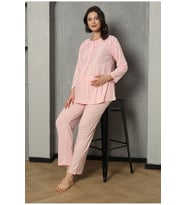 Göğüs Ve Omuz Dantel Detaylı Kadın Hamile Pijama Takımı 1030 (Pembe)