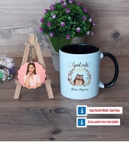 Baykuş Kupa Bardak Beyaz ve Fotoğraflı Ahşap Anahtarlık Hediye (Model 11)
