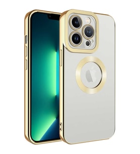 Apple iPhone 14 Pro Kılıf Case, Logo Showing Serisi, Şeffaf, Kamera Korumalı, Logo Gösteren Renkli Çizgi Tasarım (Gold)
