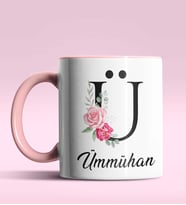 Kişiye Özel Ü Harfi Temalı Gül Tasarım Siyah Renk Kupa (Pembe)