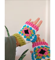 Boho Parmaksız Eldiven, Renkli Motif Eldivenler, El Yapımı Renkli Açık Parmak Eldiveni, Kemzey Handmade Giyim Aksesuarları (Ekru)