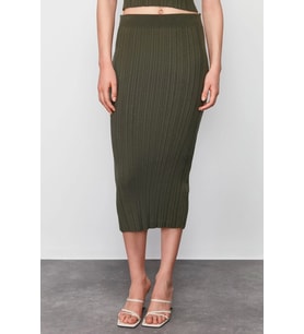 Moda Bodycon Düz Desen Günlük Midi Boy Triko Premium İplik Özel İplik Etek (Haki)