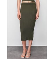 Moda Bodycon Düz Desen Günlük Midi Boy Triko Premium İplik Özel İplik Etek (Haki)