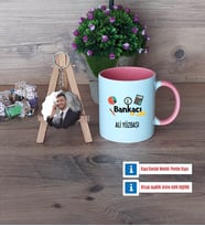 Bankacı Kupa Bardak Beyaz ve Fotoğraflı Ahşap Anahtarlık Hediye (Model 6)