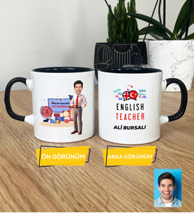 Kişiye Özel Karikatürlü İngilizce Öğretmeni Hediye Kupa Bardak Erkek İngilizce Öğretmenine Öğretmenler Günü Hediyesi (Siyah)