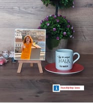 Halaya Hediye Fotoğraflı Dekoratif Taş, Ahşap Altlıklı Türk Kahvesi Fincanı Hediye (Model 8)